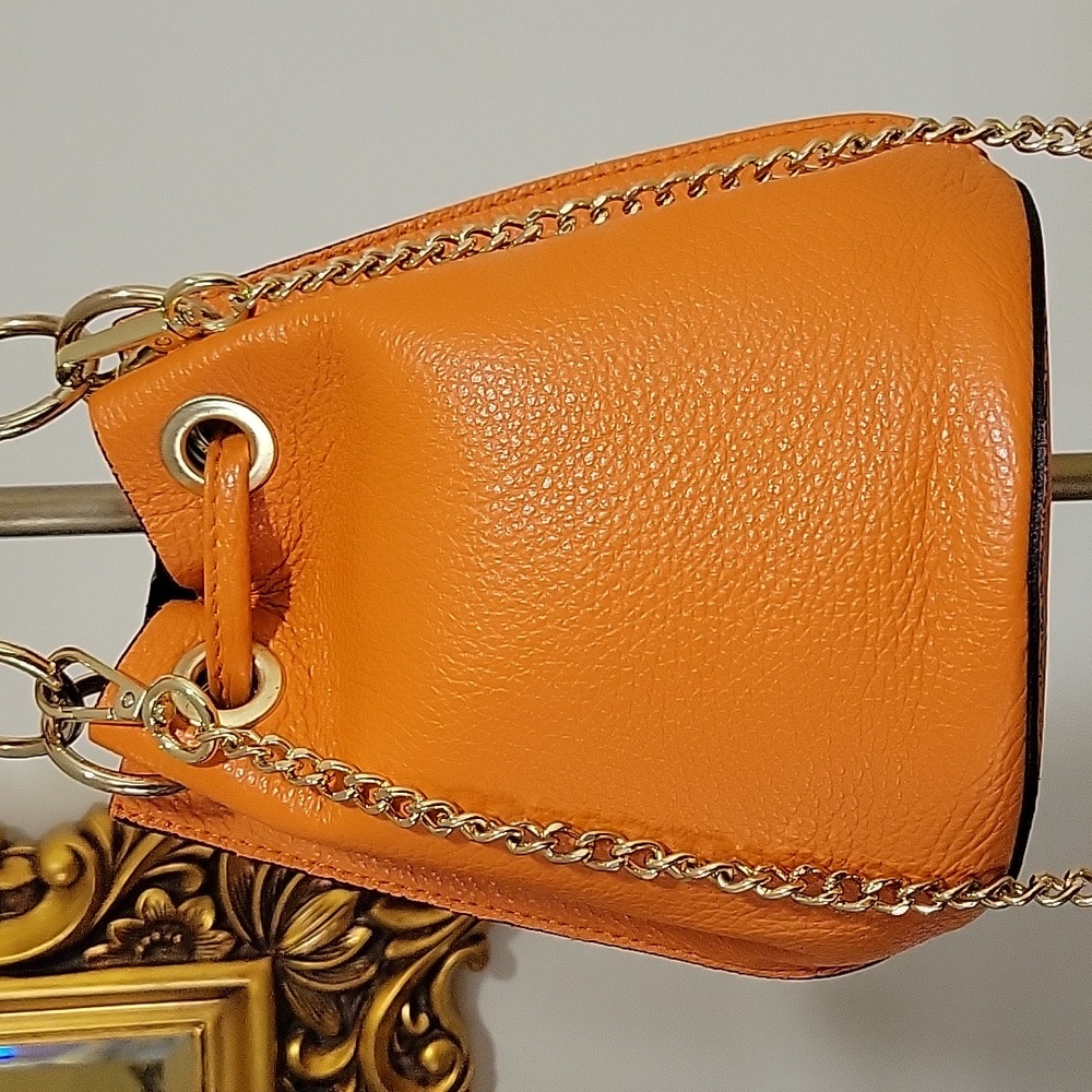 REAL LEATHER Orange Pebble Leather Hobo Bucket Bag - Picture 7 of 12